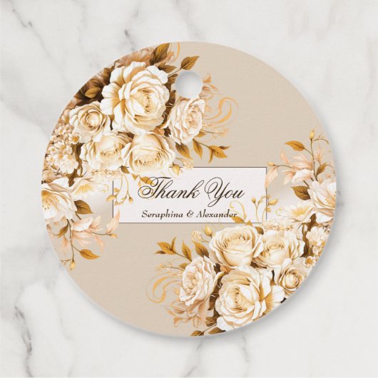 エレガント金ゴールドとアイボリーフローラ結婚の感謝 フェイバータグ (裏面)