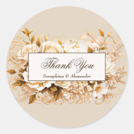 エレガント金ゴールドとアイボリーフローラ結婚の感謝 ラウンドシール