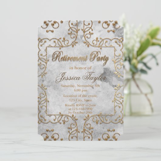エレガント金ゴールドとグレーの華美退職パーティー 招待状 (スタンド正面)