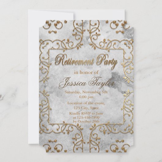 エレガント金ゴールドとグレーの華美退職パーティー 招待状 (正面)