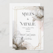 エレガント金ゴールドとグレーフローラ結婚式招待状 招待状 (正面/裏面)