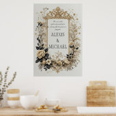 エレガント金ゴールドとグレーフローラ ポスター (キッチン)