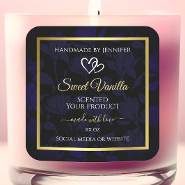 エレガント金ゴールドとダークブルーのフローラ製品ラベル スクエアシール