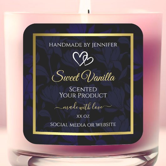 エレガント金ゴールドとダークブルーのフローラ製品ラベル スクエアシール