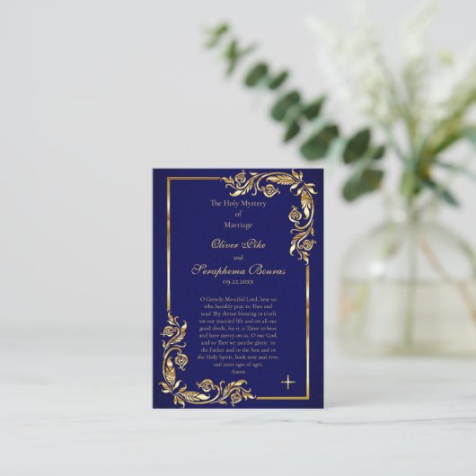 エレガント金ゴールドとダークブルーの結婚祈りの言葉カード プレイスカード (スタンド正面)