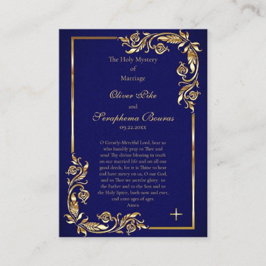 エレガント金ゴールドとダークブルーの結婚祈りの言葉カード プレイスカード (正面)