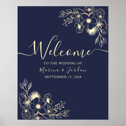 エレガント金ゴールドとネイビー結婚ブルーの歓迎サイン ポスター (正面)