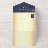 エレガント金ゴールドとネイビー結婚ブルー オールインワン招待状 (外側)