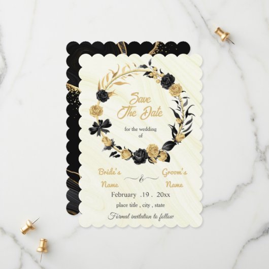 エレガント金ゴールドとブラックフローラリース セーブザデート (正面/裏面インサイチュ)