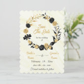 エレガント金ゴールドとブラックフローラリース セーブザデート (スタンド正面)