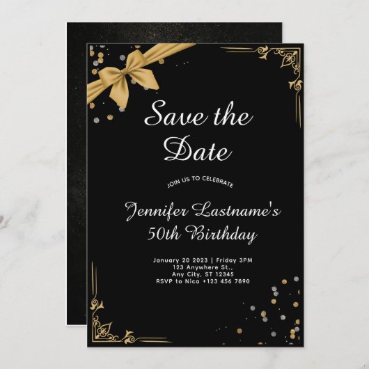 エレガント金ゴールドとブラック50番目の誕生日招待状 セーブザデート (正面/裏面)