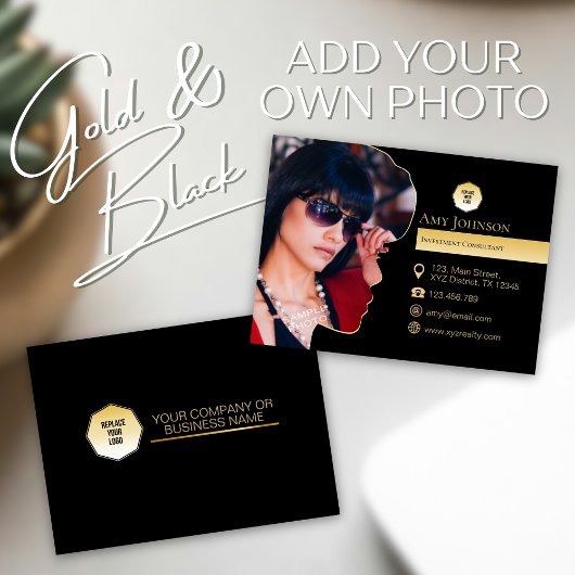 エレガント金ゴールドとブラック、独自の写真とロゴを追加カスタムする 名刺