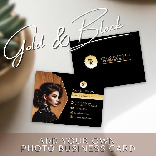 エレガント金ゴールドとブラック、独自の写真とロゴを追加カスタムする 名刺