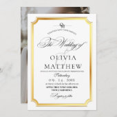 エレガント金ゴールドとホワイトオーバーレイ結婚写真 招待状 (正面/裏面)