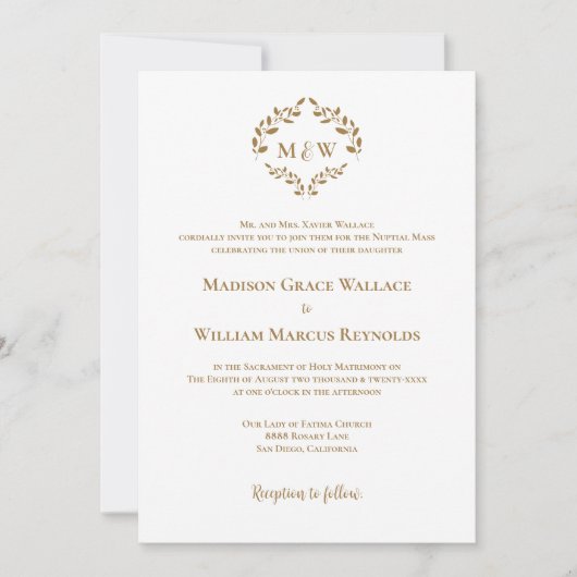 エレガント金ゴールドとホワイトクレストモダンカソリッ結婚クの 招待状 (正面)