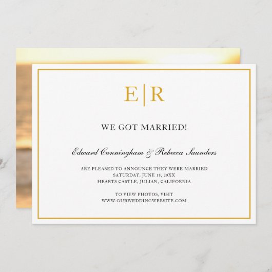 エレガント金ゴールドとホワイトモノグラフォーマルム結婚ズ 案内状 (正面/裏面)