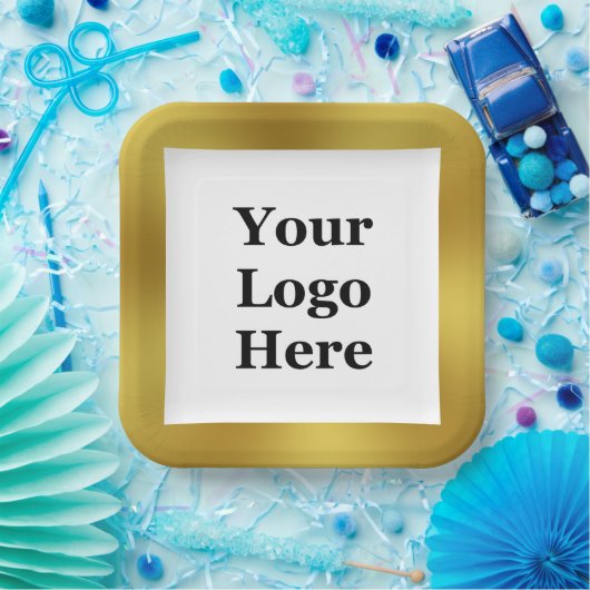 エレガント金ゴールドとロゴのホワイトスペースはこちらテンプレート ペーパープレート (パーティー)