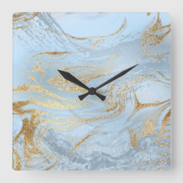エレガント金ゴールドと淡い青大理石のグリッター スクエア壁時計