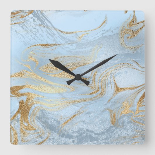 エレガント金ゴールドと淡い青大理石のグリッター スクエア壁時計 (正面)