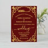 エレガント金ゴールドと濃い赤結婚の 箔招待状 (立ち正面)