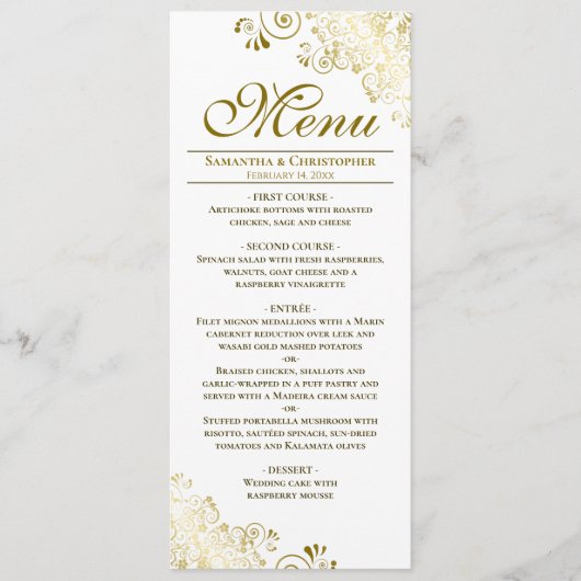 エレガント金ゴールドと白のダウンロード結婚可能メニュー カード (正面)