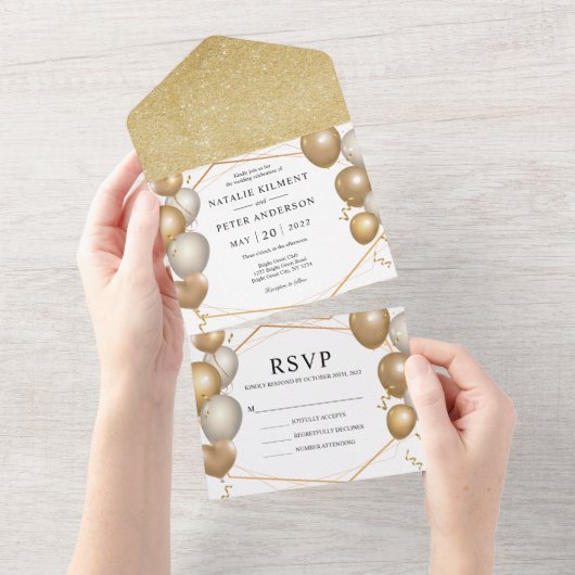 エレガント金ゴールドと白のバルーン金ゴールドフレ結婚ーム オールインワン招待状 (貼ってはがせる)