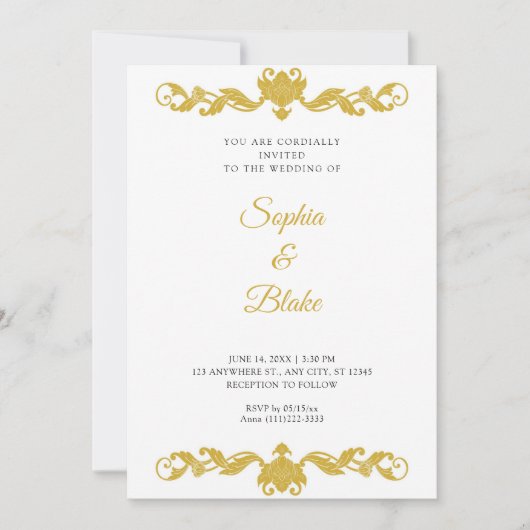エレガント金ゴールドと白アールデコ結婚 招待状 (正面)