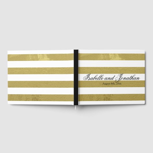 エレガント金ゴールドと白ストライプパーソナライズされたの結婚 ゲストブック (全面)