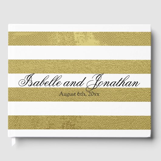 エレガント金ゴールドと白ストライプパーソナライズされたの結婚 ゲストブック (正面)