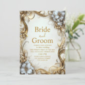 エレガント金ゴールドと白フローラ縁ど結婚の 招待状 (スタンド正面)