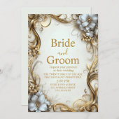 エレガント金ゴールドと白フローラ縁ど結婚の 招待状 (正面/裏面)