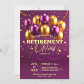 エレガント金ゴールドと紫のバルーン退職パーティー 招待状 (正面)
