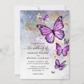 エレガント金ゴールドと紫の蝶結婚の 招待状 (正面)