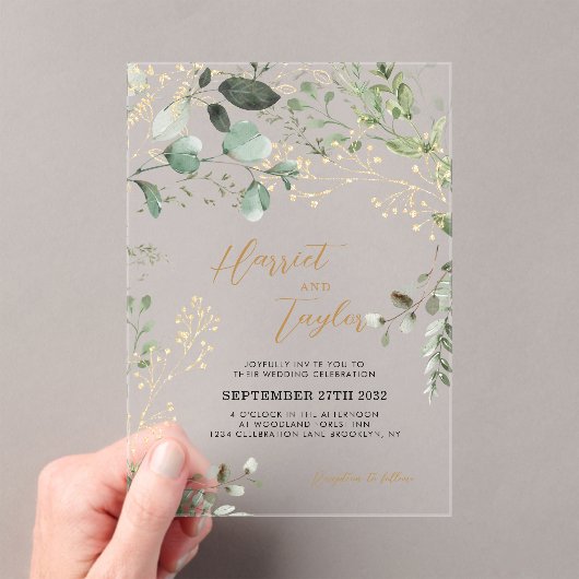 エレガント金ゴールドと緑のユーカリ結婚プス アクリル招待状 (インサイチュ (ポータブル))