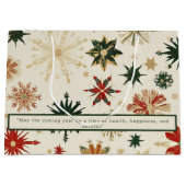 エレガント金ゴールドと緑の雪片パターン ラージペーパーバッグ (正面)