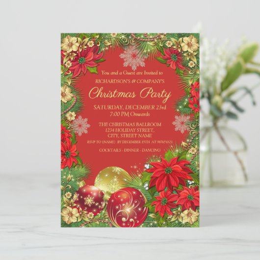 エレガント金ゴールドと赤のクリ企業のスマスパーティー 招待状 (スタンド正面)