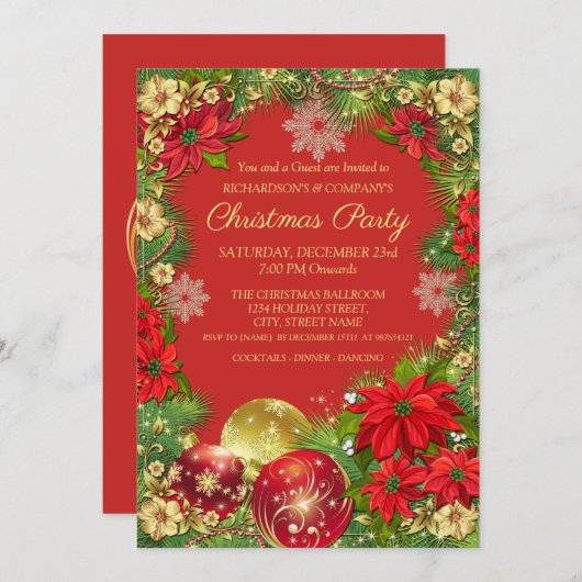 エレガント金ゴールドと赤のクリ企業のスマスパーティー 招待状 (正面/裏面)