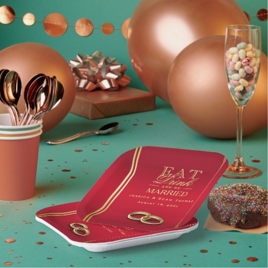 エレガント金ゴールドと赤、結婚のリングや輪結婚 ペーパープレート (複数)