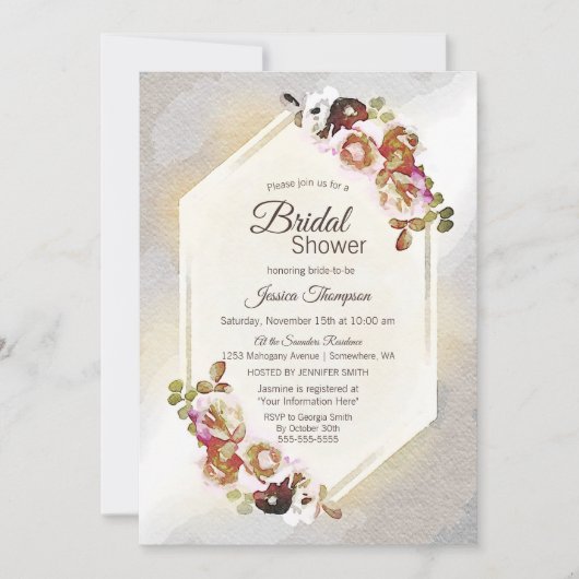 エレガント金ゴールドと銀水色フローラ 招待状 (正面)