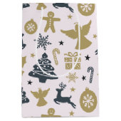 エレガント金ゴールドと青のクリスマスシルエット ミディアムペーパーバッグ (正面)