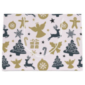 エレガント金ゴールドと青のクリスマスシルエット ラージペーパーバッグ (正面)