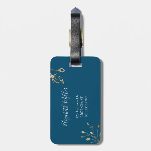 エレガント金ゴールドと青フローラ名前をカスタムする ラゲッジタグ (裏面縦)