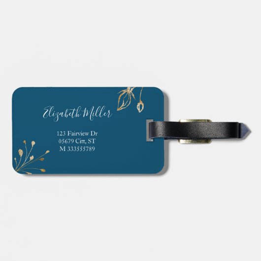 エレガント金ゴールドと青フローラ名前をカスタムする ラゲッジタグ (裏面横)
