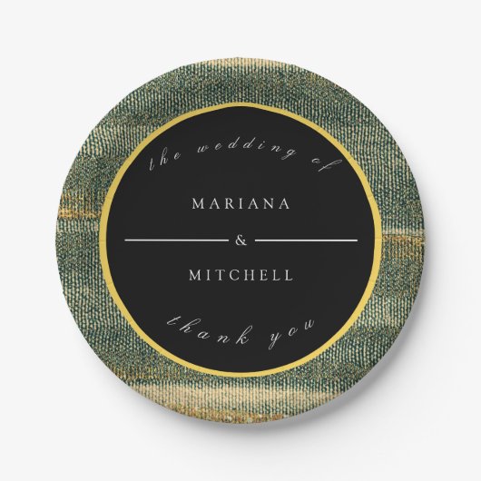 エレガント金ゴールドと黒い丸の緑のブラシ ペーパープレート (正面)