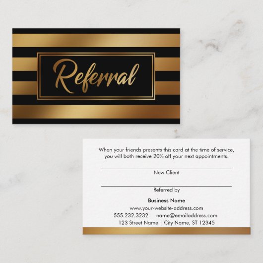 エレガント金ゴールドと黒のはっきりした紹介カーストライプのド 紹介カード (正面/裏面)