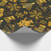 エレガント金ゴールドと黒のクリスマスアイコン ラッピングペーパー (角)