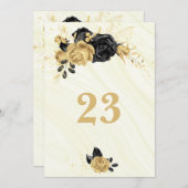 エレガント金ゴールドと黒のフローラ・テーブル番号 招待状 (正面/裏面)