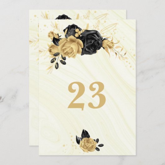エレガント金ゴールドと黒のフローラ・テーブル番号 招待状 (正面/裏面)