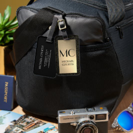 エレガント金ゴールドと黒のメタリックモノグラムの名 ラゲッジタグ