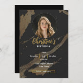 エレガント金ゴールドと黒の写真 |大人の誕生日 招待状 (正面/裏面)